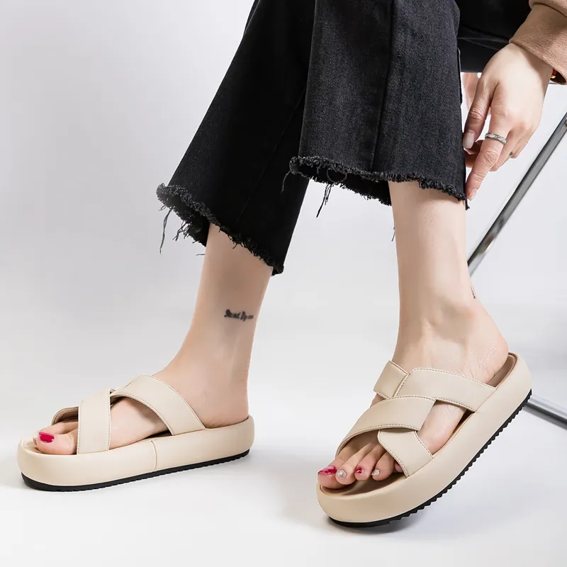 Warrior Stitching Slip Resistant Abrasion Resistant Slide Slippers Women's Beige-4