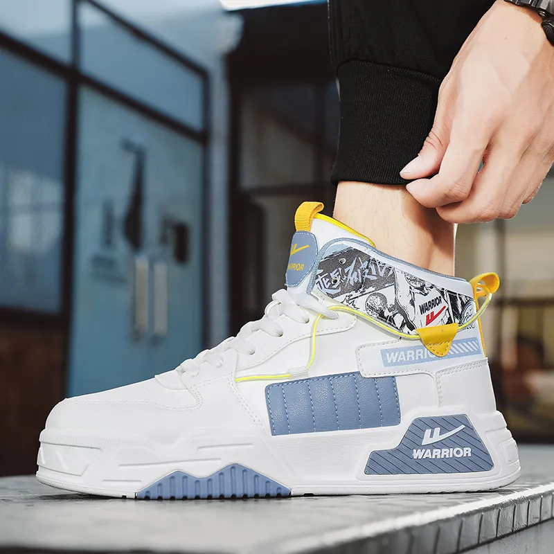 Warrior Cushioning Abrasion Resistant Lightweight Height Increasing Mat High Top Skateboard Shoes Men's White Blue Gray-6
