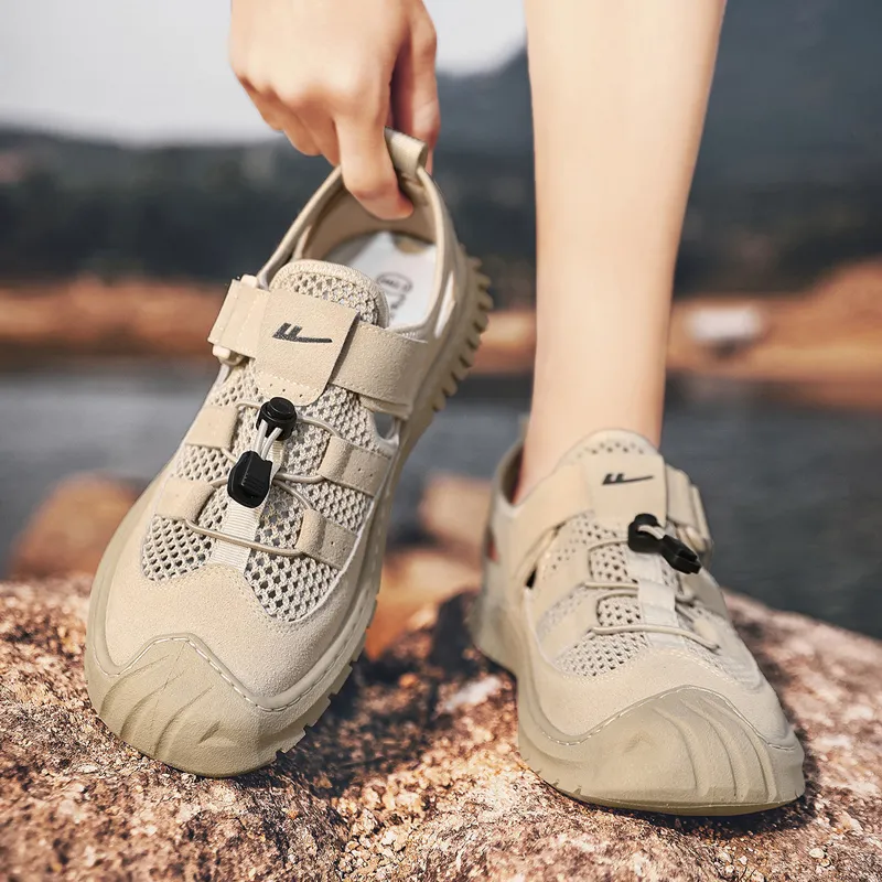 Warrior Casual Chef Shoes River Trekking Shoes Abrasion Resistant Slip Resistant Beach Sandals Men's Light Khaki-8