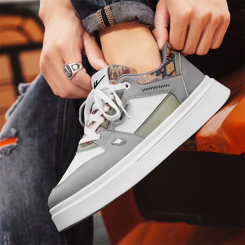 Warrior Anti Slip And Wear Resistant Height Increasing Low Top Skateboard Shoes Men's Gray White Green-4
