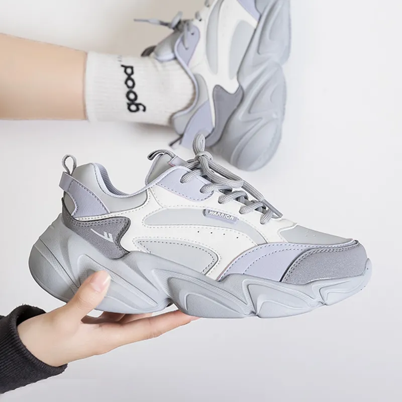 Warrior Abrasion Resistant Coverage Lightweight Low Top Chunky Sneakers Women's Gray Beige Purple-1