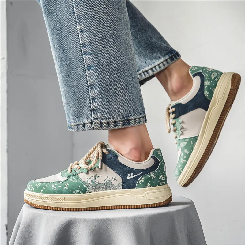 Warrior Lightweight, Slip Resistant, And Abrasion Resistant Low Top Skateboard Shoes Men's Beige Green Blue-3