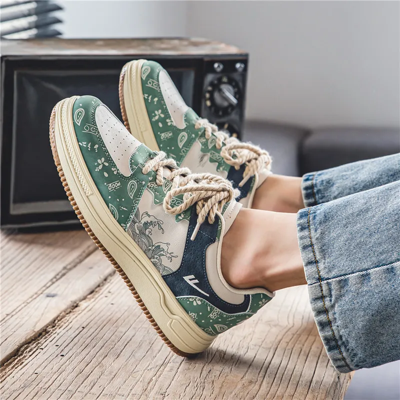 Warrior Lightweight, Slip Resistant, And Abrasion Resistant Low Top Skateboard Shoes Men's Beige Green Blue-2