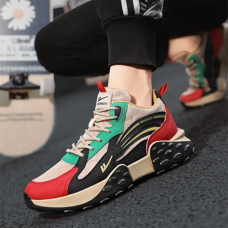 Warrior Anti Slip Wear Resistant High Top Chunky Sneakers Men's Khaki Black Red-6