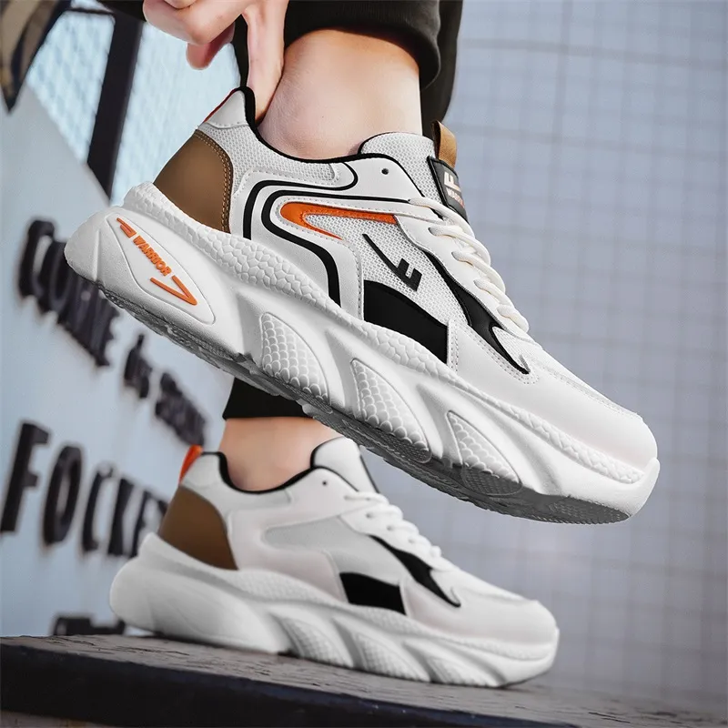 Warrior Slip Resistant, Abrasion Resistant, Breathable Low Top Chunky Sneakers Men's White Black Orange-5