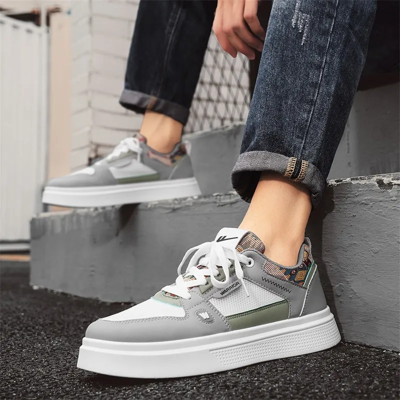 Warrior Anti Slip And Wear Resistant Height Increasing Low Top Skateboard Shoes Men's Gray White Green-5