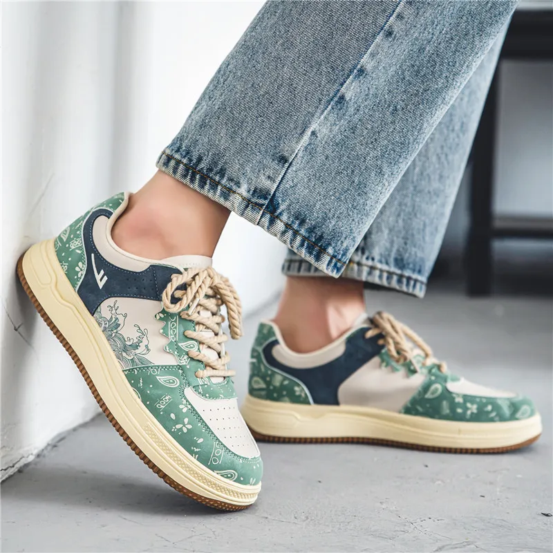 Warrior Lightweight, Slip Resistant, And Abrasion Resistant Low Top Skateboard Shoes Men's Beige Green Blue-6