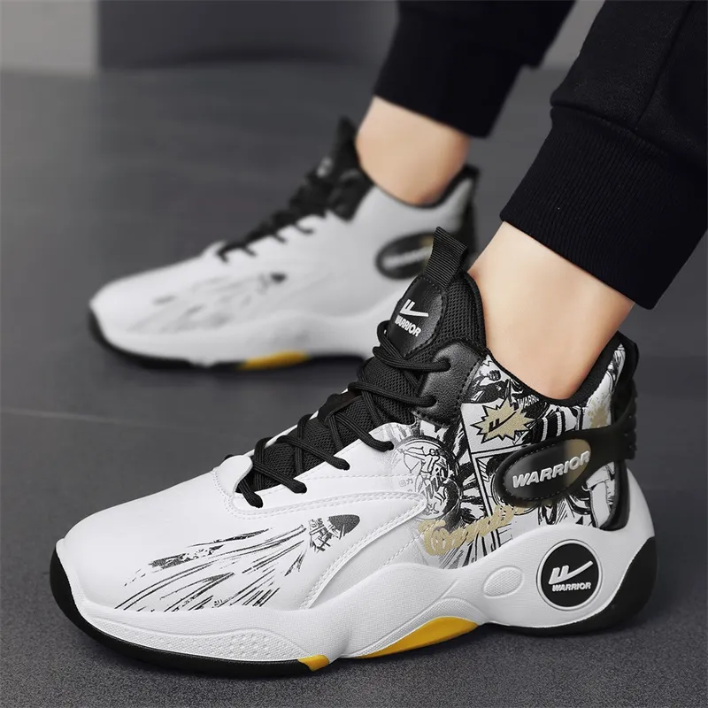 Warrior Anti Slip Wear Resistant High Top Basketball Shoes Men's White Black Gold-9
