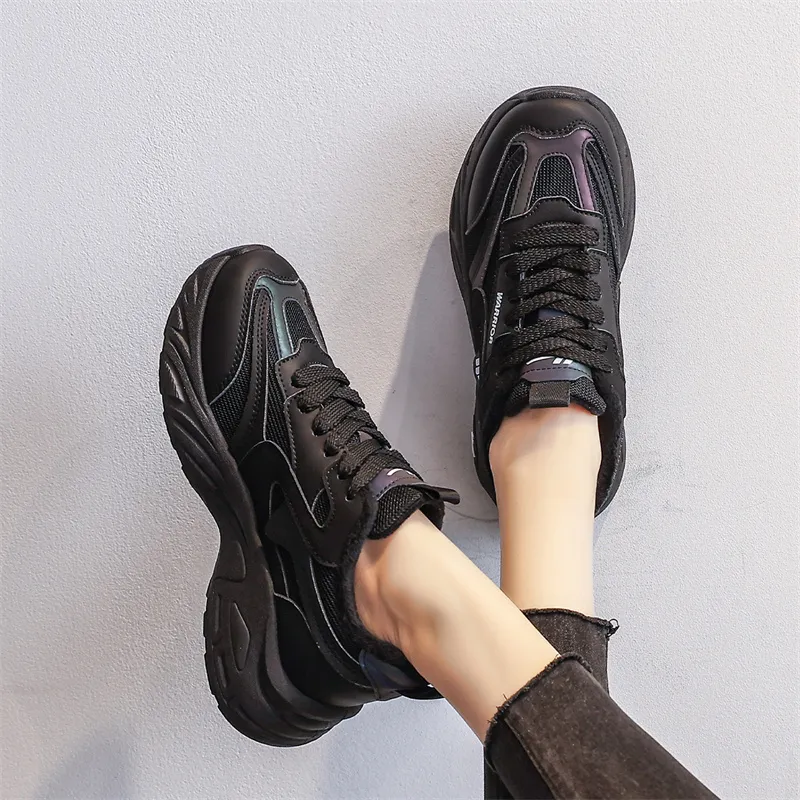 Warrior Anti Slip Wear Resistant Lightweight Height Increasing Warm Coverage Low Top Chunky Sneakers Unisex Black-7