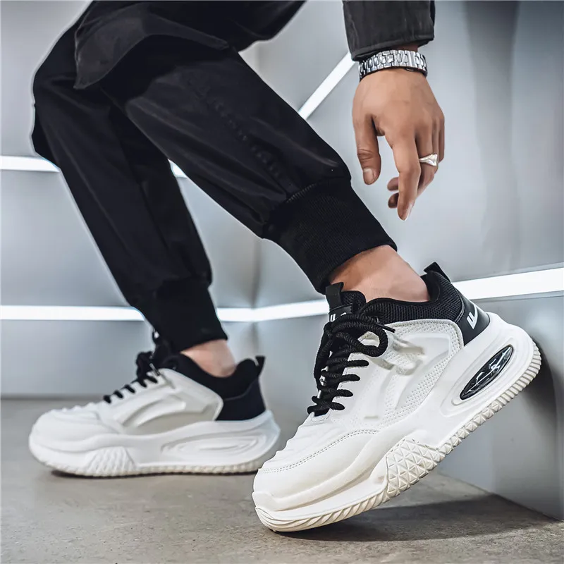 Warrior Height Increasing Wear Resistant Lightweight Slip Resistant Low Top Chunky Sneakers Men's White Black-4