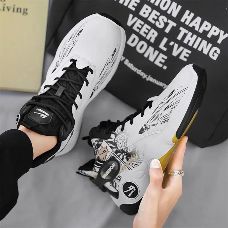 Warrior Anti Slip Wear Resistant High Top Basketball Shoes Men's White Black Gold-7