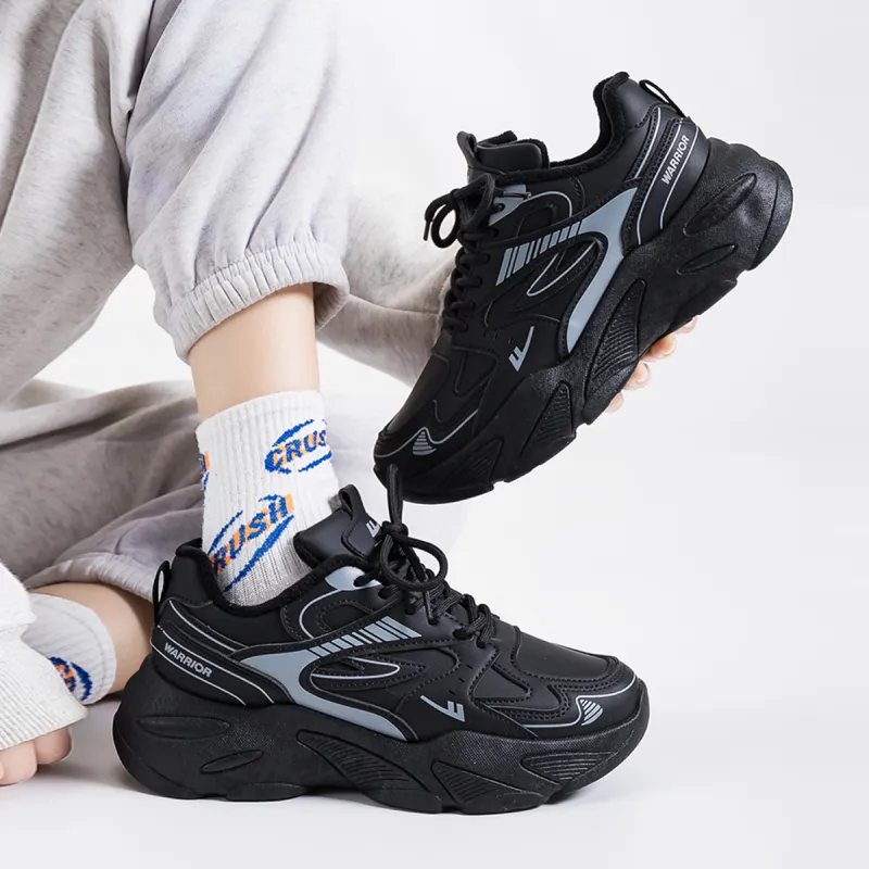 Warrior Warm Cushioning Coverage Height Increasing Wear Resistant Slip Resistant Low Top Chunky Sneakers Women's Black-4