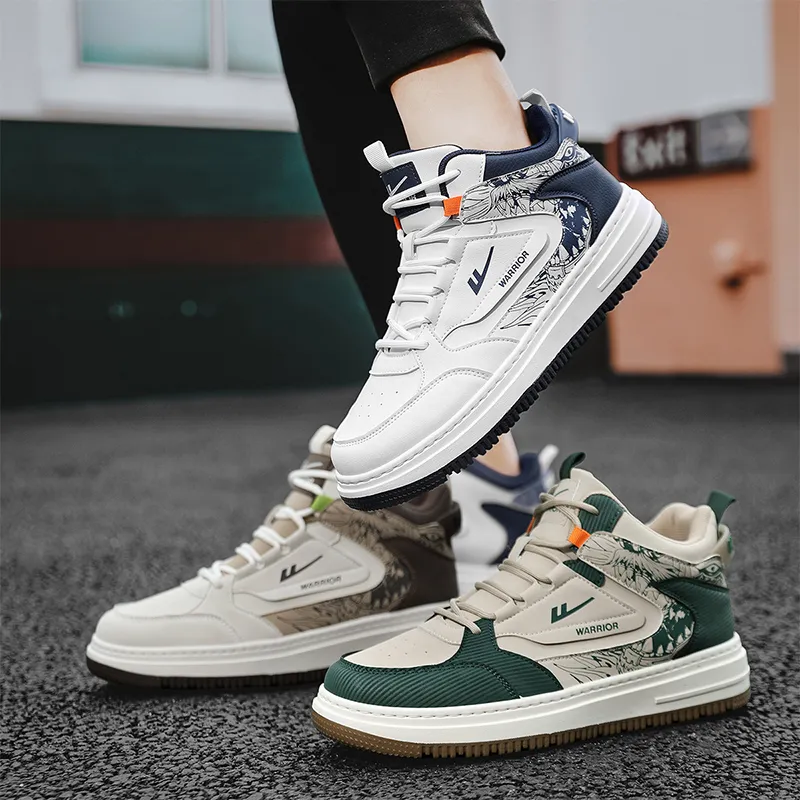 Warrior Vintage Basketball Shoes Anti Slip Wear Resistant High Top Skateboard Shoes Men's White Dark Blue-8