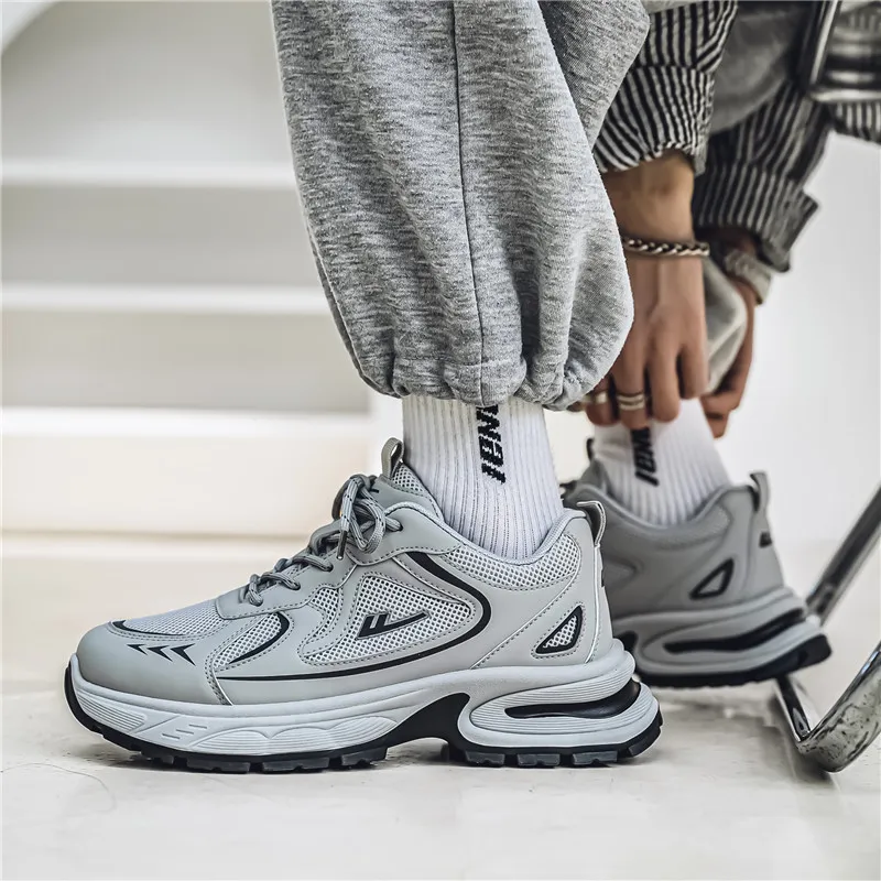 Warrior Height Increasing Wear Resistant Lightweight Breathable Slip Resistant Low Top Chunky Sneakers Men's Gray Black-6