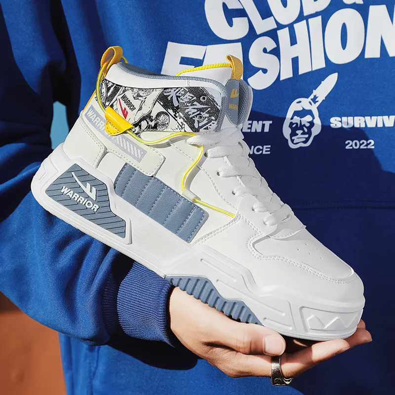 Warrior Cushioning Abrasion Resistant Lightweight Height Increasing Mat High Top Skateboard Shoes Men's White Blue Gray-5