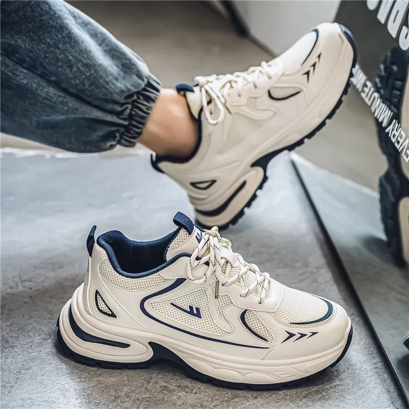 Warrior Slip Resistant, Abrasion Resistant, Breathable Low Top Chunky Sneakers Men's Beige Dark Blue-4