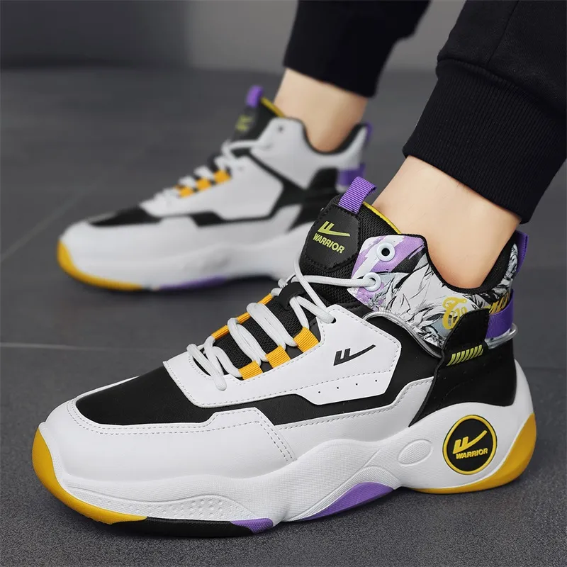 Warrior Cushioning Height Increasing Wear Resistant Slip Resistant High Top Basketball Shoes Men's White Black Purple-8