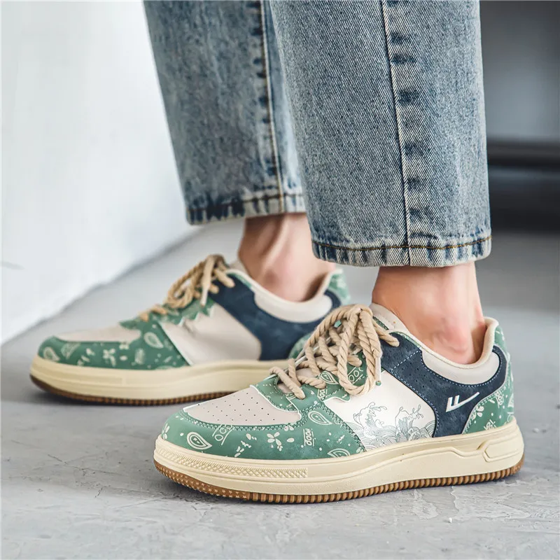 Warrior Lightweight, Slip Resistant, And Abrasion Resistant Low Top Skateboard Shoes Men's Beige Green Blue-7