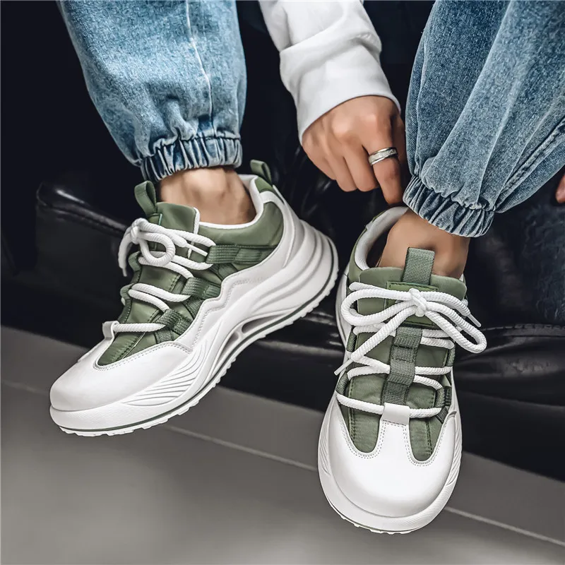 Warrior Height Increasing Wear Resistant Lightweight Slip Resistant Low Top Chunky Sneakers Men's White Green-6