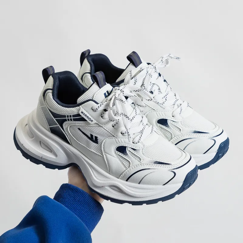 Warrior Anti Slip And Wear Resistant Height Increasing Low Top Chunky Sneakers Women's White Dark Blue-1