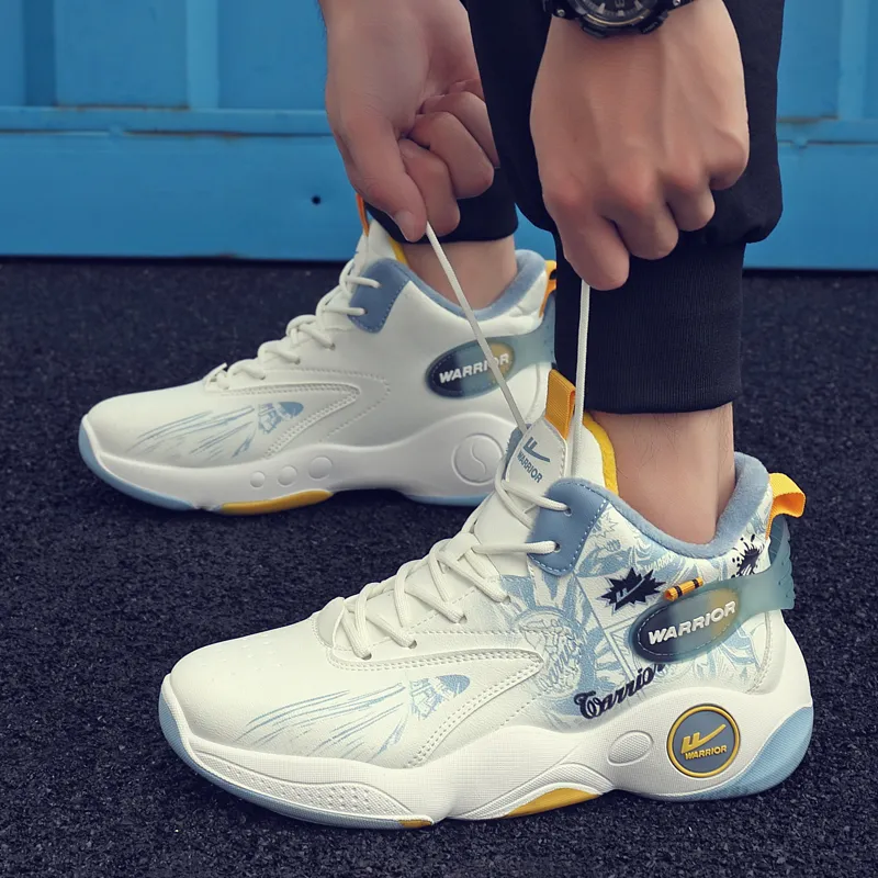Warrior Cushioning Anti-Slip Wear-Resistant Height Increasing Warm High-Top Basketball Shoes Men's White Blue-3