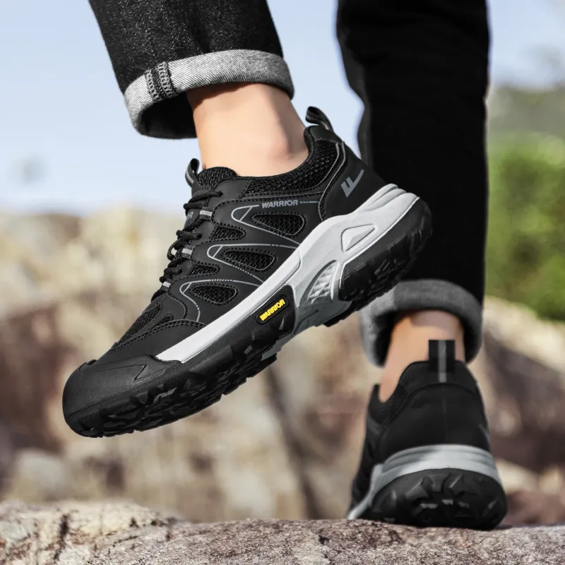 Warrior Hiking Shoes Height Increasing Wear Resistant Lightweight Slip Resistant Low Top Chunky Sneakers Men's Black-4