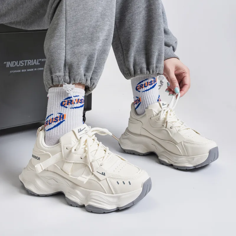 Warrior Coverage Height Increasing Abrasion Resistant Breathable Slip Resistant Low Top Chunky Sneakers Women's Beige-3