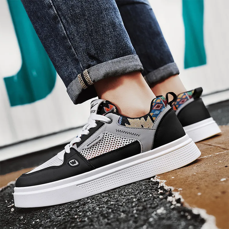 Warrior Abrasion Resistant Breathable Height Increasing Low Top Skateboard Shoes Men's Black White Gray-6