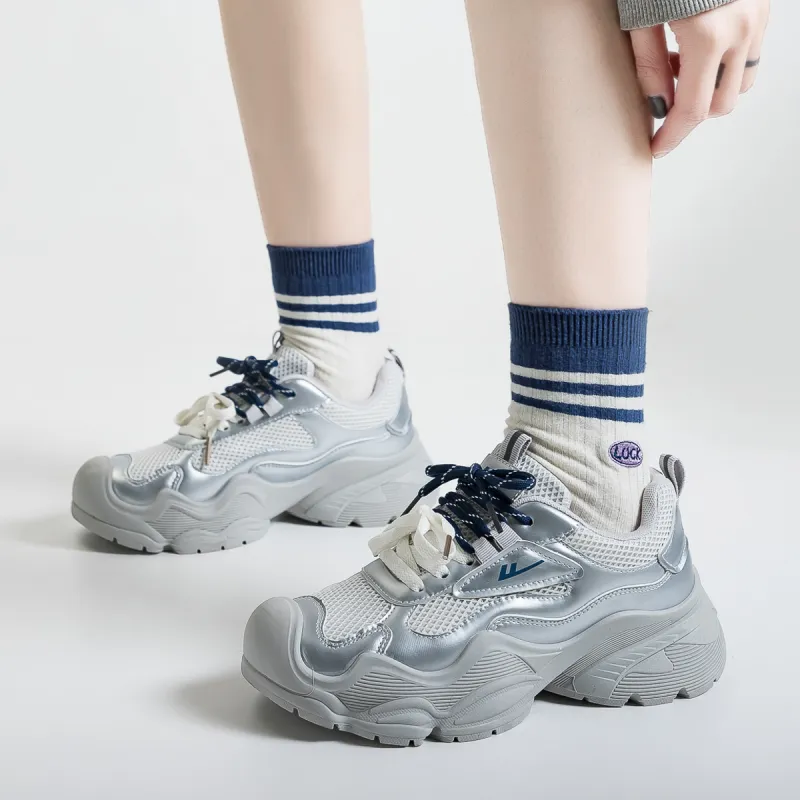 Warrior Height Increasing Wear-Resistant Lightweight Slip-Resistant Low-Top Chunky Sneakers Women's Silver Gray-3