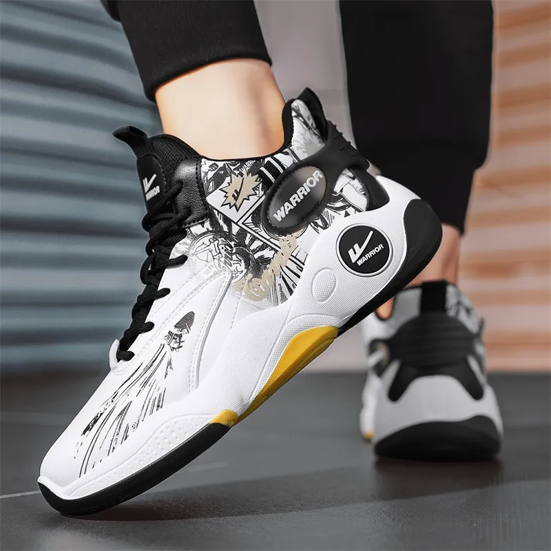 Warrior Anti Slip Wear Resistant High Top Basketball Shoes Men's White Black Gold-6