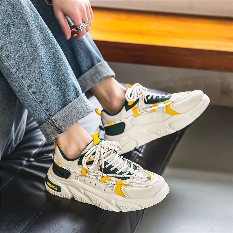 WARRIOR Chunky Sneakers Unisex Low Top Green/Neon Yellow-3