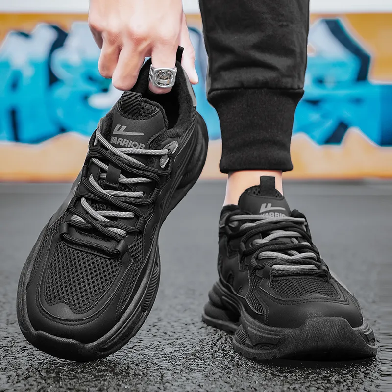 Warrior Cushioned Anti Slip And Wear Resistant Height Increasing Warm Low Top Chunky Sneakers Unisex Black Gray-5