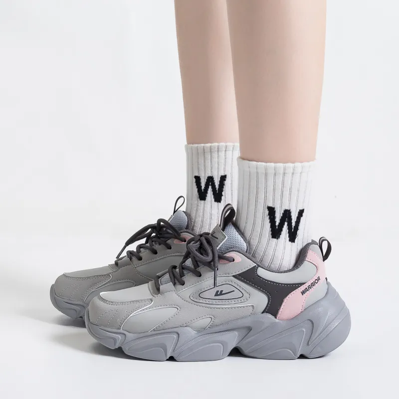 Warrior Anti Slip And Wear Resistant Height Increasing Low Top Chunky Sneakers Women's Gray Pink Brown-4