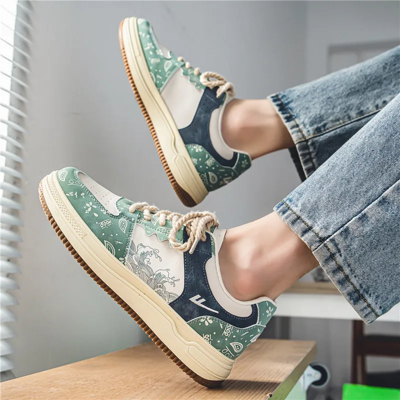 Warrior Lightweight, Slip Resistant, And Abrasion Resistant Low Top Skateboard Shoes Men's Beige Green Blue-1