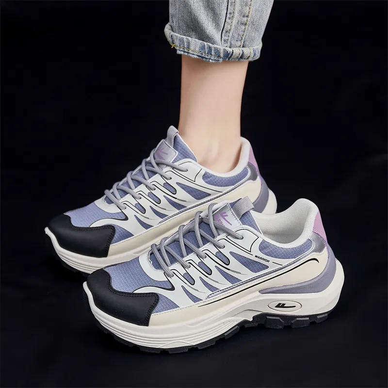 Warrior Wear Resistant Wide Coverage Lightweight Low Top Chunky Sneakers Women's White Black Purple-6