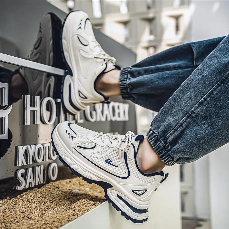 Warrior Slip Resistant, Abrasion Resistant, Breathable Low Top Chunky Sneakers Men's Beige Dark Blue-5