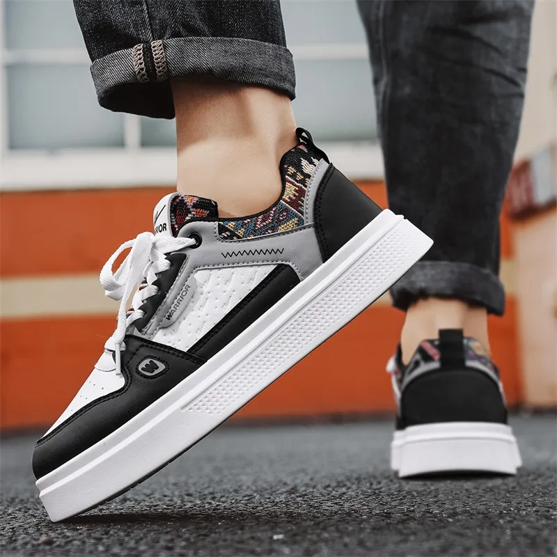 Warrior Slip Resistant Lightweight Height Increasing Low Top Skateboard Shoes Men's Black White Gray-4