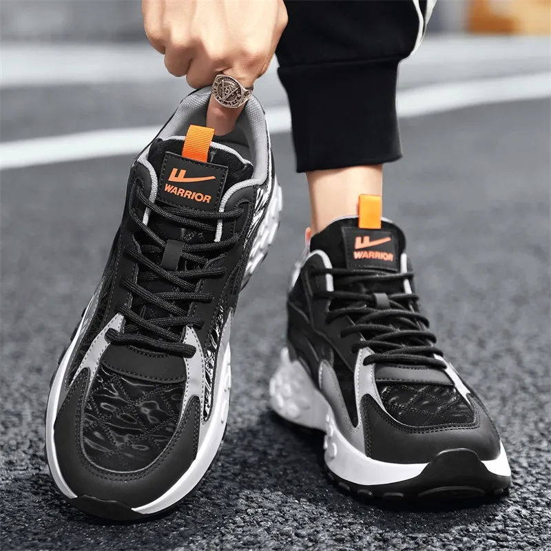 Warrior Cushioning, Slip Resistant, Abrasion Resistant, Height Increasing Low Top Chunky Sneakers Men's Black Gray-4