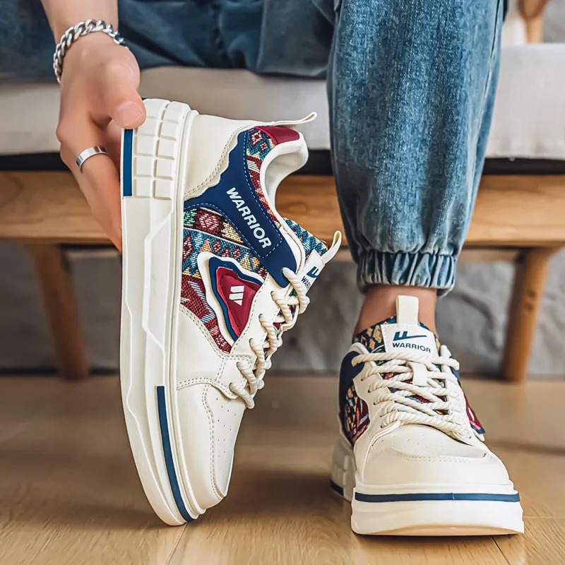 Warrior Slip Resistant, Abrasion Resistant, Lightweight Low Top Skateboard Shoes Men's Beige Dark Blue Red-4