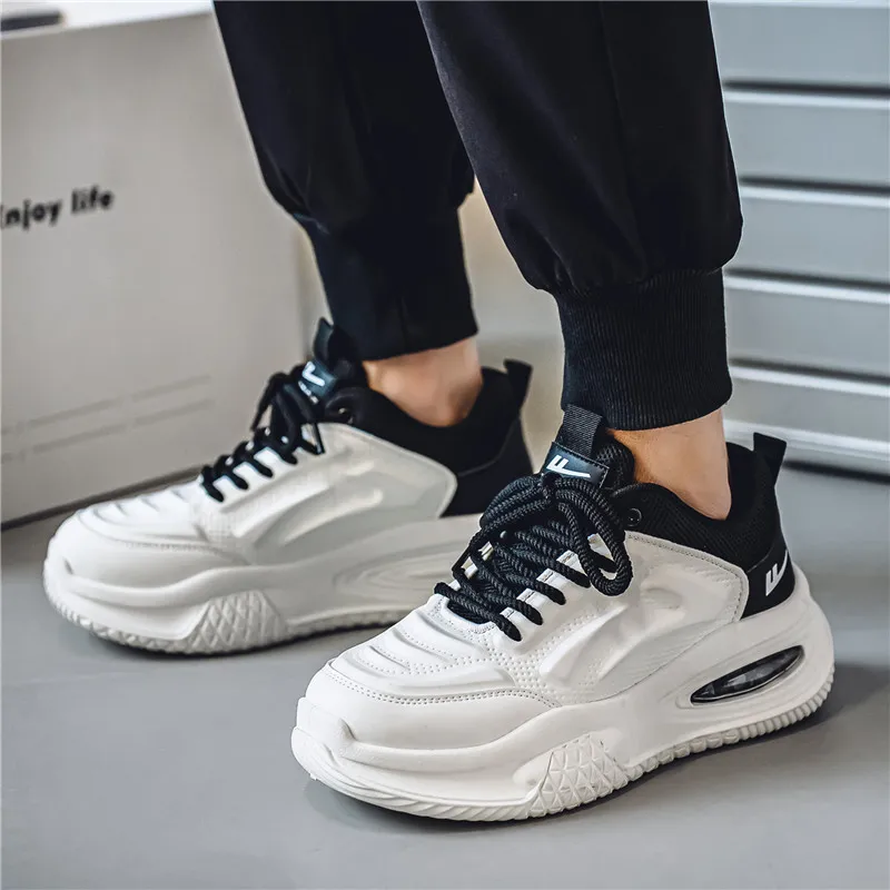 Warrior Height Increasing Wear Resistant Lightweight Slip Resistant Low Top Chunky Sneakers Men's White Black-6
