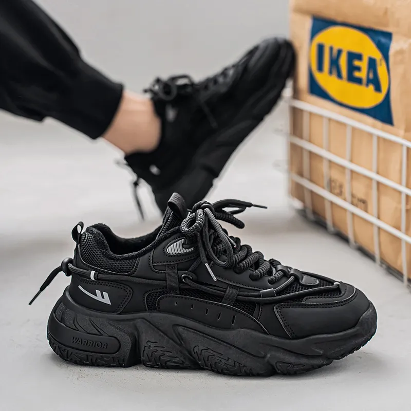 Warrior Warm Coverage Height Increasing Wear Resistant Lightweight Slip Resistant Low Top Chunky Sneakers Unisex Black-2