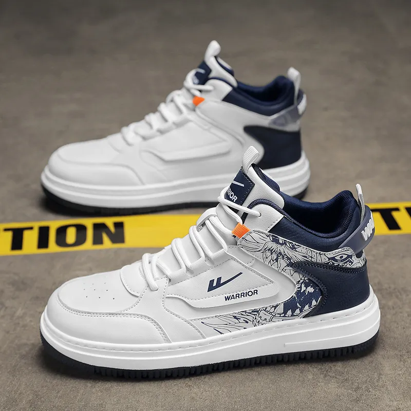 Warrior Vintage Basketball Shoes Anti Slip Wear Resistant High Top Skateboard Shoes Men's White Dark Blue-13