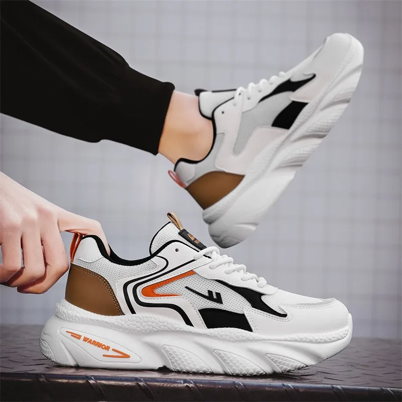 Warrior Slip Resistant, Abrasion Resistant, Breathable Low Top Chunky Sneakers Men's White Black Orange-6