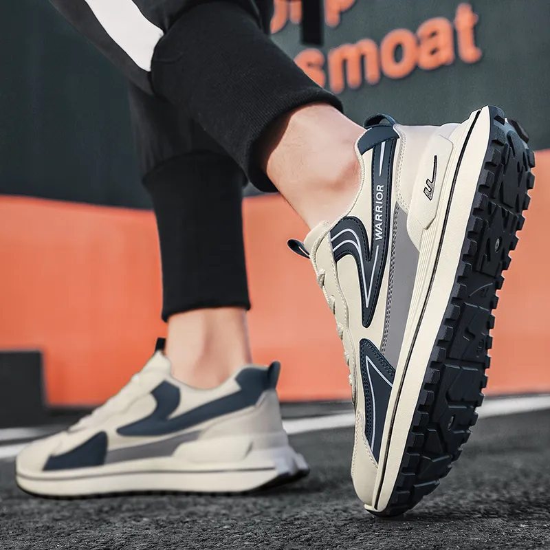 Warrior Cushioning, Slip Resistant, Abrasion Resistant, Height Increasing Low Top Chunky Sneakers Men's Beige Blue-6