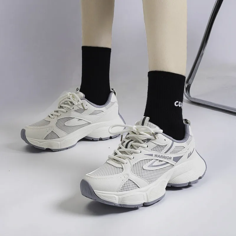 Warrior Height Increasing Wear-Resistant Lightweight Breathable Slip-Resistant Low-Top Chunky Sneakers Women's Beige-4