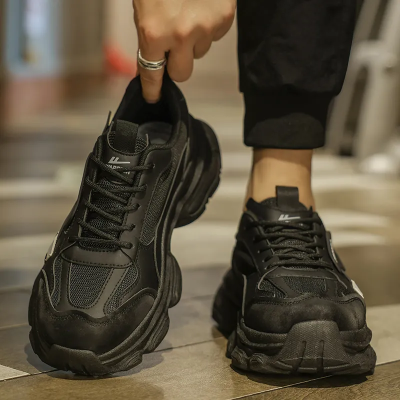 Warrior Height Increasing Wear Resistant Lightweight Slip Resistant Low Top Chunky Sneakers Men's Black-4