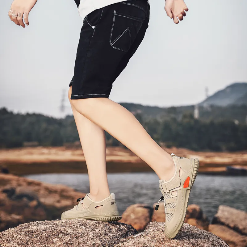 Warrior Casual Chef Shoes River Trekking Shoes Abrasion Resistant Slip Resistant Beach Sandals Men's Light Khaki-9