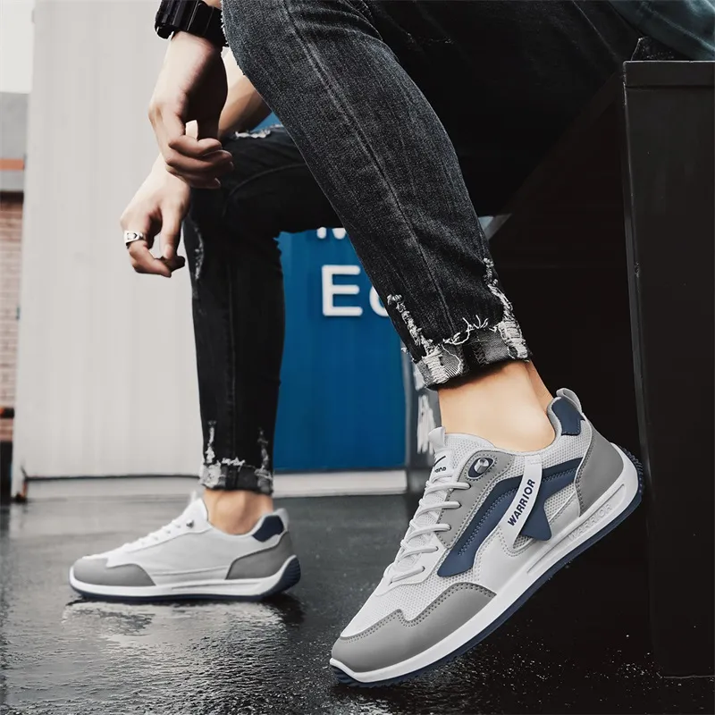 Warrior Ah Gan Shoes Durable Lightweight And Breathable Low Top Lace Free Casual Shoes Men's White Gray Dusty Blue-7