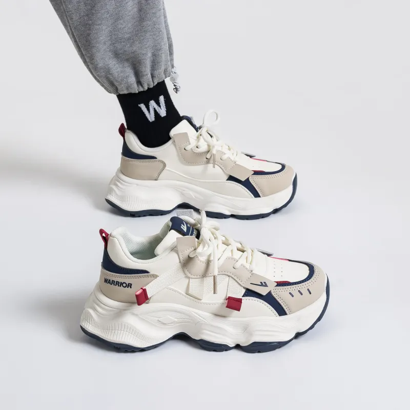 Warrior Breathable Coverage Height Increase Low Top Chunky Sneakers Women's Beige Blue-5