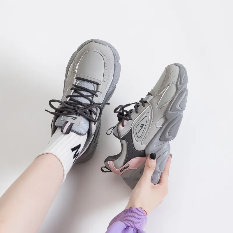 Warrior Anti Slip And Wear Resistant Height Increasing Low Top Chunky Sneakers Women's Gray Pink Brown-1